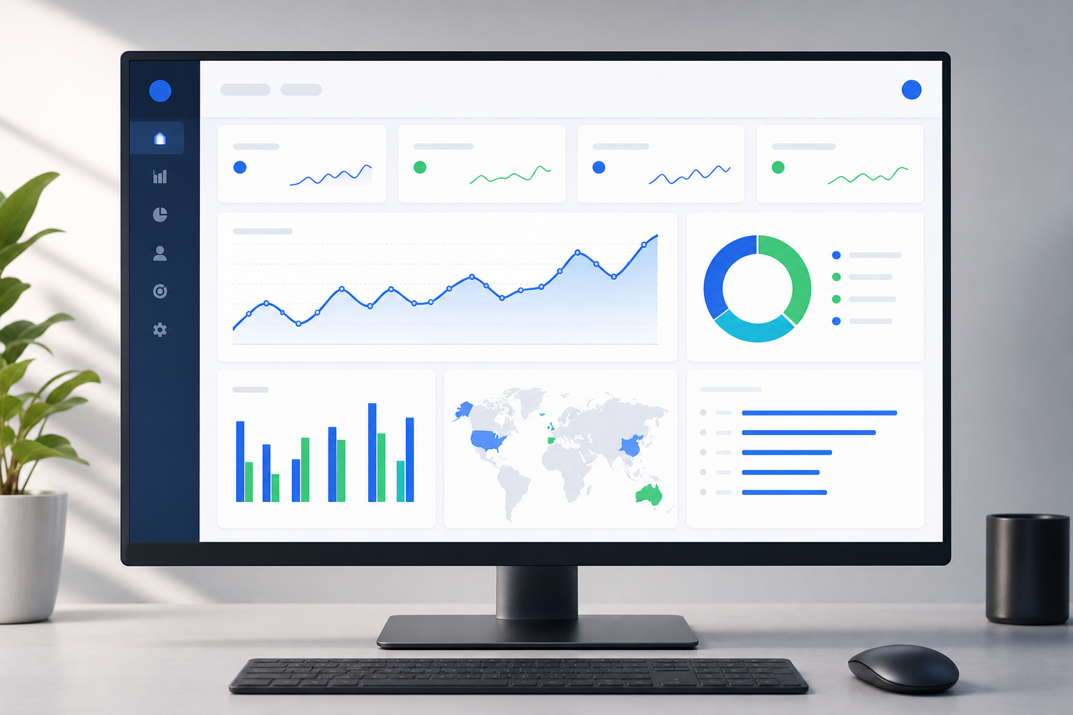 Monitor s analytickým dashboardom webovej stránky zobrazujúcim návštevnosť, konverzie a zdroje dopytov.